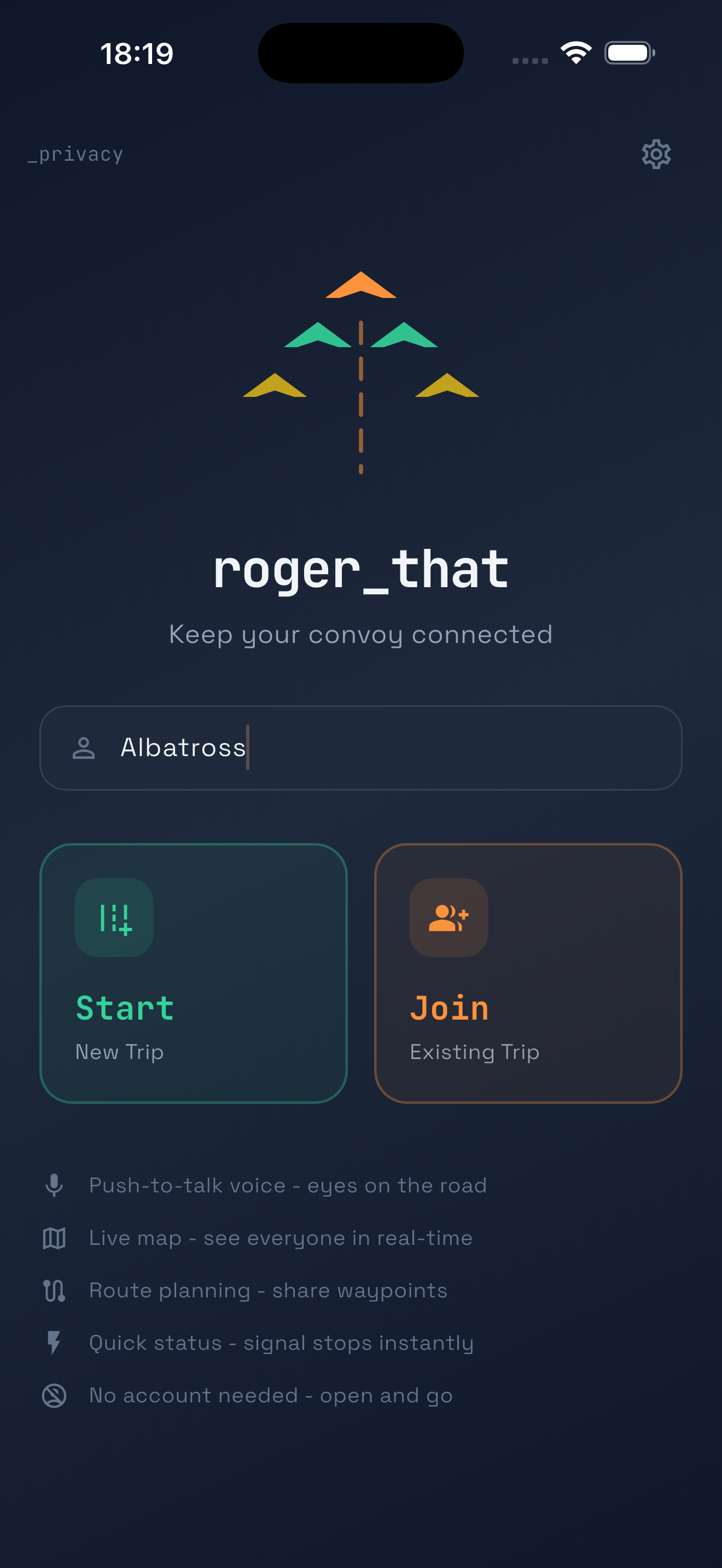 Roger That Home Screen - Start or join a convoy